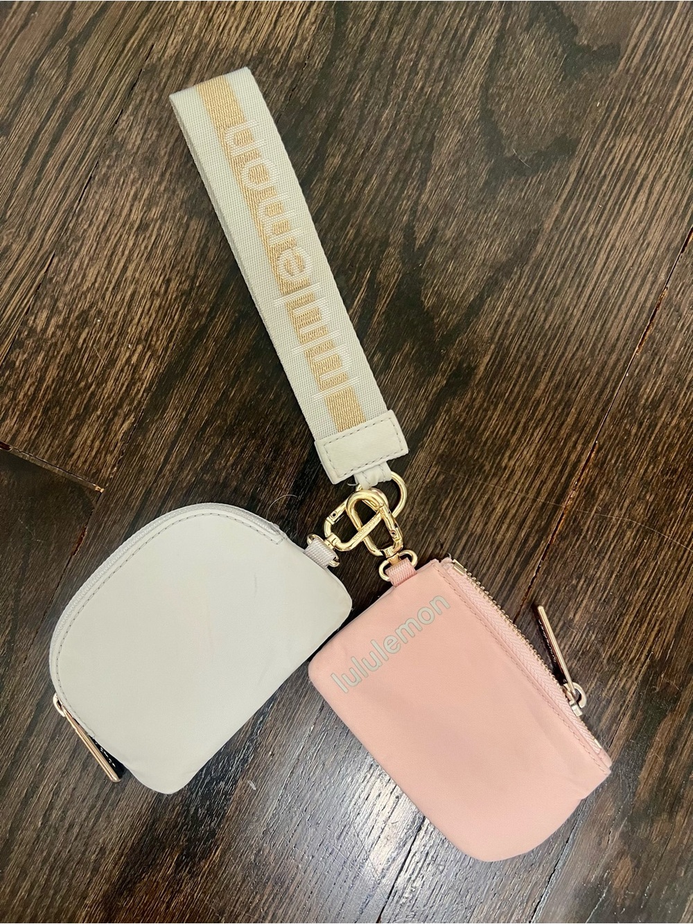 Lululemon Dual Pouch Wristlet Pink White Gold Logo Strap